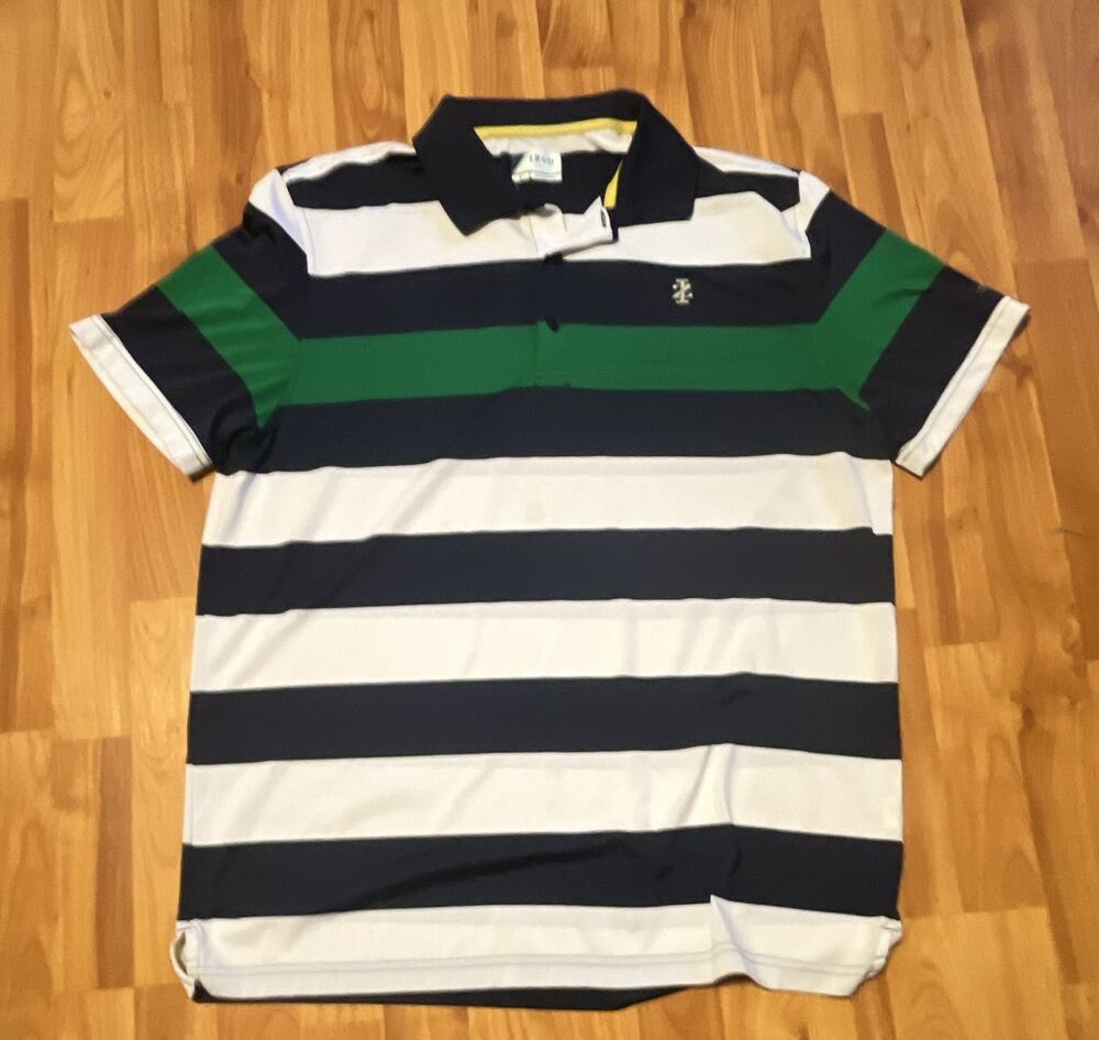 IZOD Golf Men's Polo Shirt Navy/White/Green L Striped SS Button Collared Logo